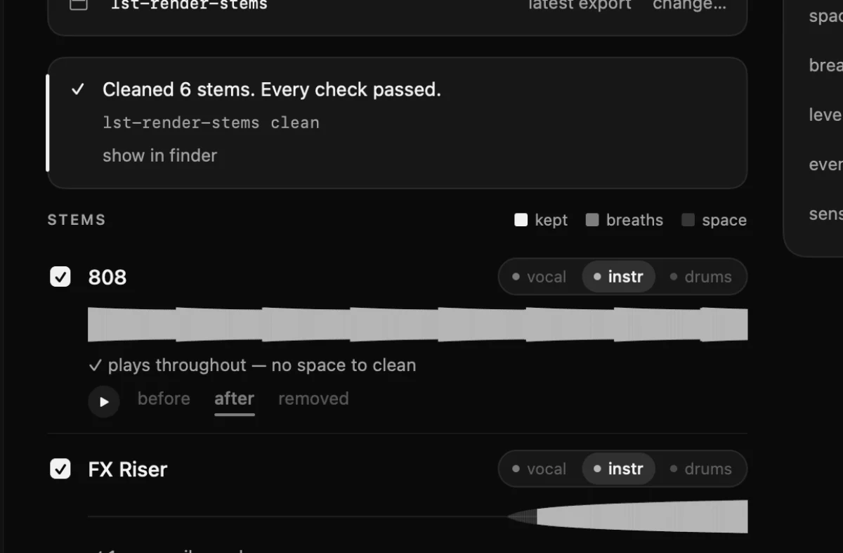 Clean up: silence and breaths taken out of each stem